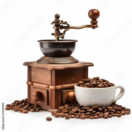 Coffee grinder and coffee beans isolated on white background, detailed, png 
