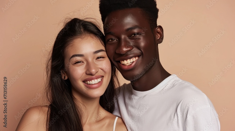 Happy afro pair showcases love and style in a studio portrait. Happy afro pair showcases love and style in a studio portrait.