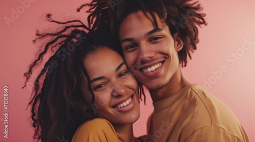 Joyful and loving, an afro couple poses in a studio setting.