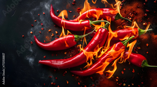 Flaming hot chili peppers on dark background