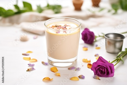 rose latte with petal garnish and latte art