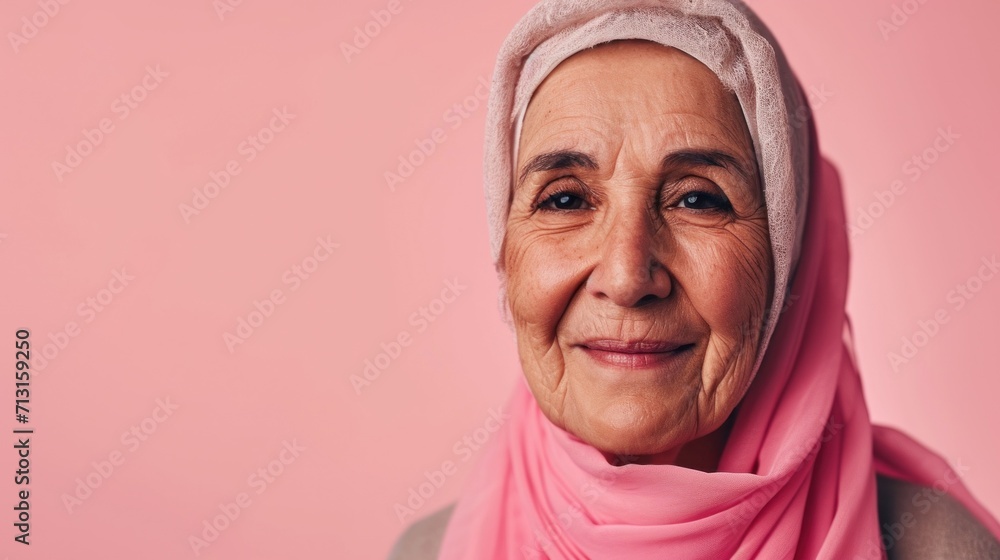 Serene beauty portrayed in a smiling Muslim senior woman with stylish grey hair and wrinkles on a light studio background. Serene beauty portrayed in a smiling Muslim senior woman with stylish grey hair and wrinkles on a light studio background.