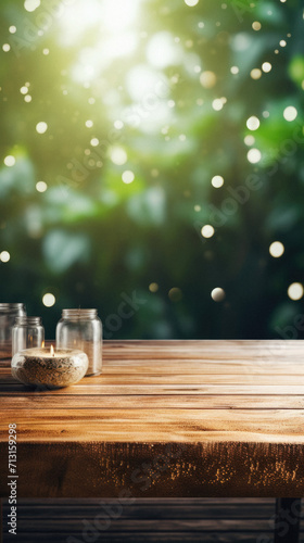 Wooden table spa bokeh background  empty wood desk product display mockup with relaxing wellness massage salon blurry abstract backdrop  body care cosmetic ads presentation. Mock up  copy space.