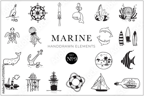 Handdrawn marine elements, Doodle nautical illustrations, Animals, Fish, Sea, Drawing, Illustration, Set, Collection, Ocean, Water