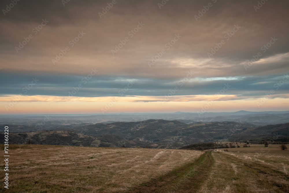 Panorama of the top and summit of Vrh Rajac moutain at dusk in autumn. Rajac is a mountain of Sumadija in Serbia, part of the dinaric alps, a major serbian natural touristic destination.