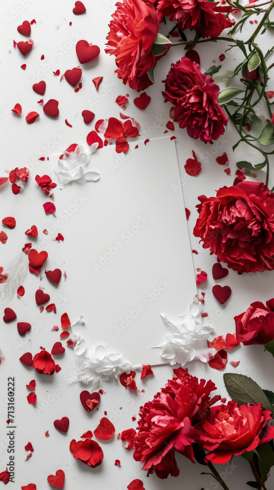 Blank paper card mockup with red flowers and heart-shaped confetti. Luxury greeting card design concept. Generative AI Blank paper card mockup with red flowers and heart-shaped confetti. Luxury greeting card design concept. Generative AI