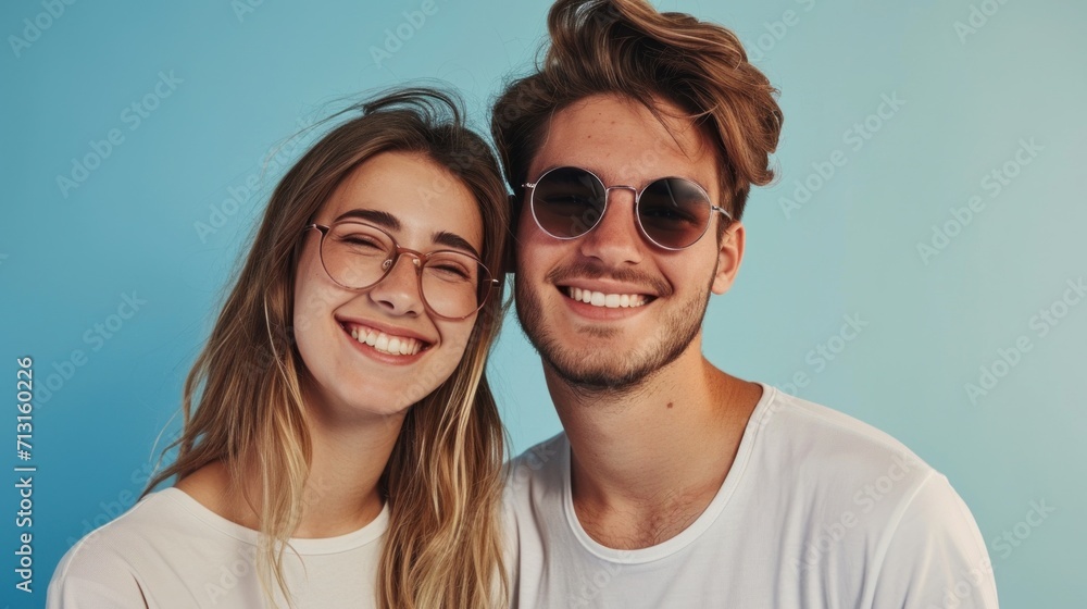 Trendy hairstyles and joyful expressions in a studio photo of a loving couple. Trendy hairstyles and joyful expressions in a studio photo of a loving couple.