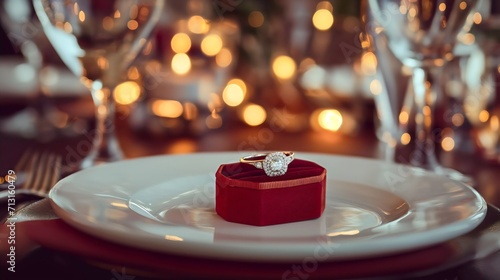 Brilliant precious silver engagement ring jewelry with diamonds on a red box on a ceramic plate in a luxurious restaurant. Shiny wedding promise gift, marriage proposal, romantic relationship photo