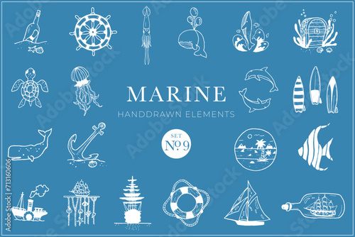 Handdrawn marine elements, Doodle nautical illustrations, Animals, Fish, Sea, Drawing, Illustration, Set, Collection, Ocean, Water