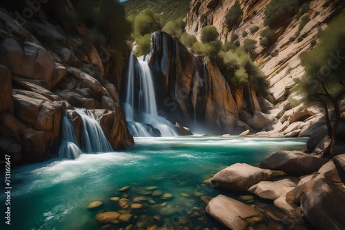 Rapid cascade falling from rough rocky cliff into river flowing in nature amidst mountains in nature of Spain on summer day