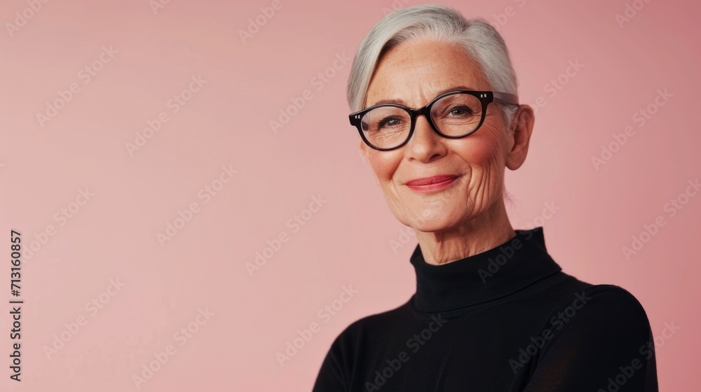 Senior woman's beauty captured in a studio portrait, showcasing her lovely grey hair and warm smile.