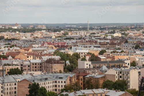 Aerial panorama of the center of riga, residential buildings and the old town of the city in background. Riga is the capital city of Latvia.