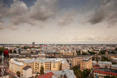 Aerial panorama of the center of riga, with the train station and the old town of the city in background. Riga is the capital city of Latvia.