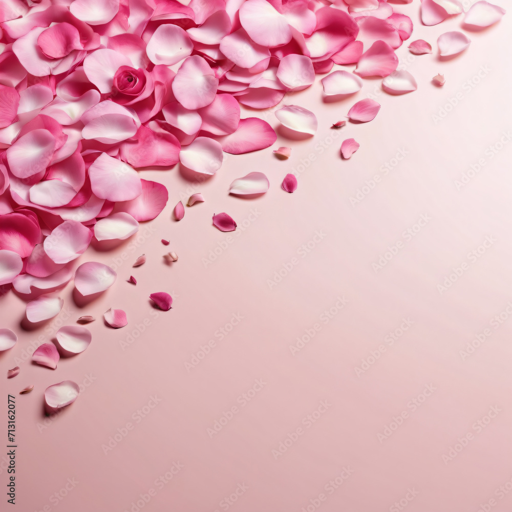  Pink rose petals on a pink background. Pink petals for romantic banner design with space for text