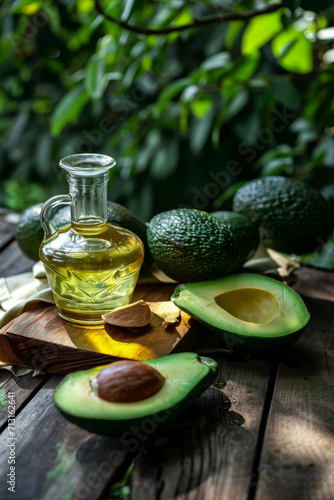 Avocado oil in a glass bottle on a wooden table next to cut avocado fruit against a background of foliage