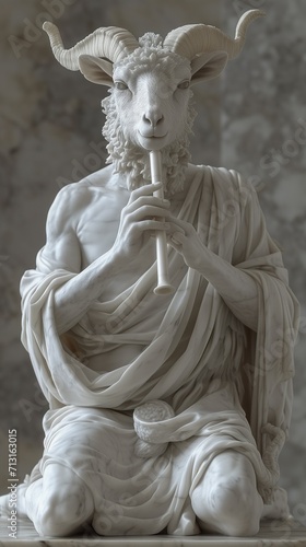statue of a person with a ram head playing flute 