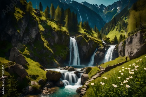 Spring in the Alps.The Mountains Of Switzerland. Waterfall.