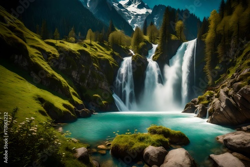 Spring in the Alps.The Mountains Of Switzerland. Waterfall.