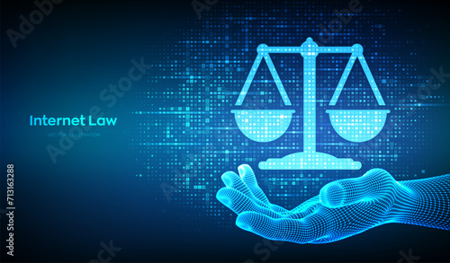 Internet law icon made with binary code in hand. Cyberlaw as digital legal services or online lawyer advice concept. Labor law, Lawyer, Attorney at law. Streaming digital code. Vector illustration.