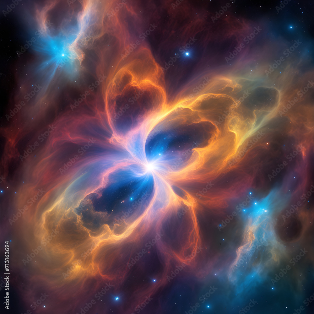 A colorized atom in a nebula wallpaper or background