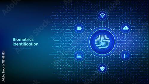 Fingerprint scanning. Biometrics identification. Personal Data protection. Cyber Security. Private secure safety. Background with circuit board connections and tech icons. Vector Illustration.