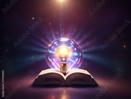 holographic book wide open with a light bulb, the light bulb on a book, coloring light bulb, science, magic book and magic light