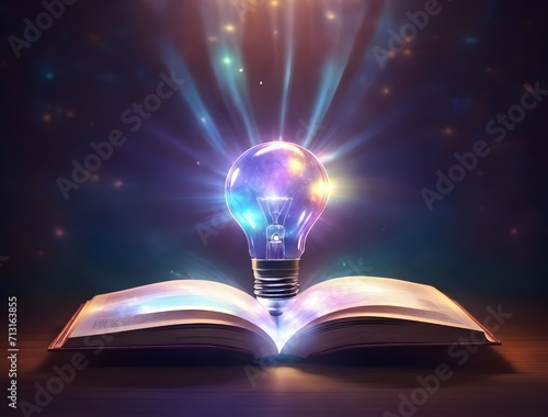 holographic book wide open with a light bulb, the light bulb on a book, coloring light bulb, science,