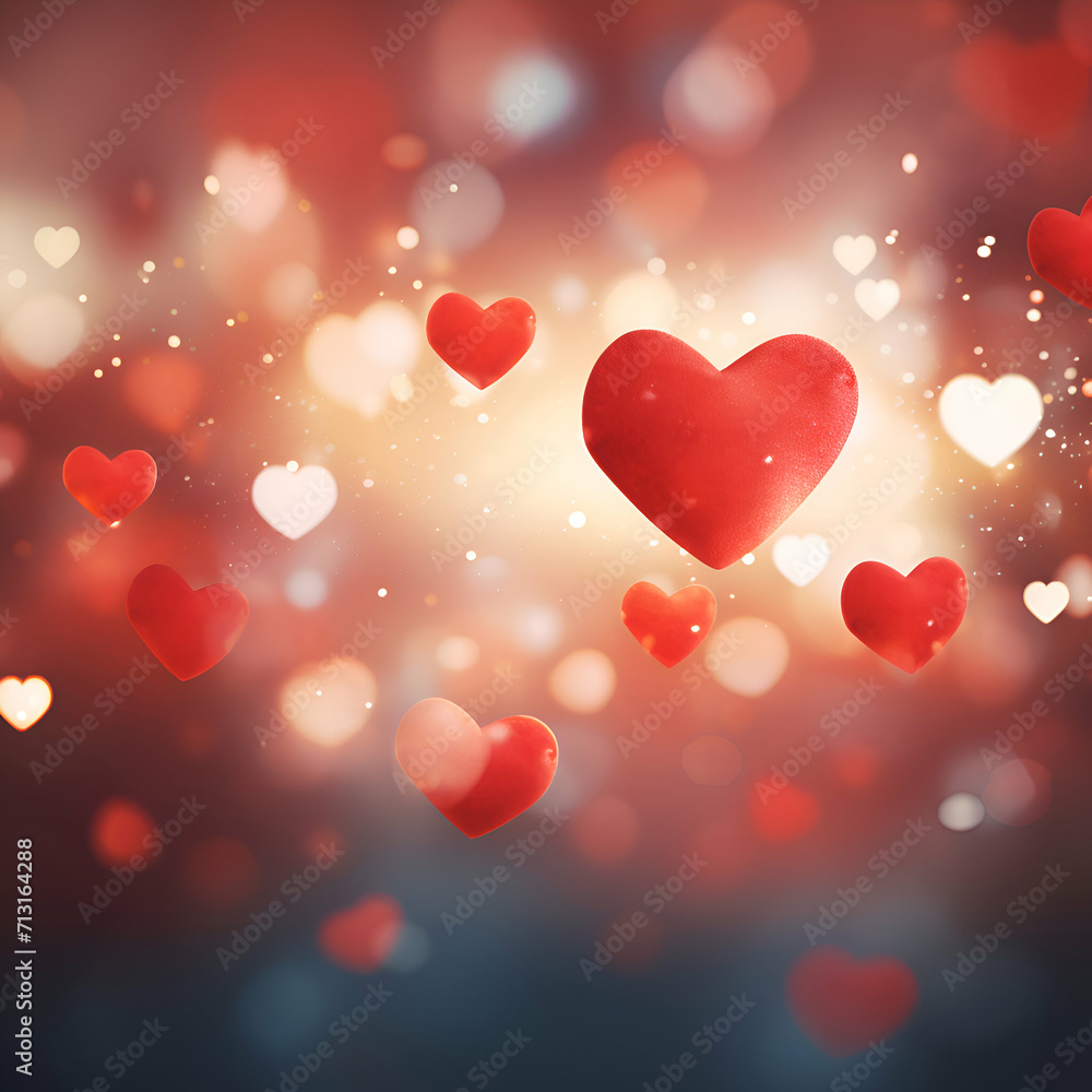 Valentine's day background with red hearts and bokeh lights