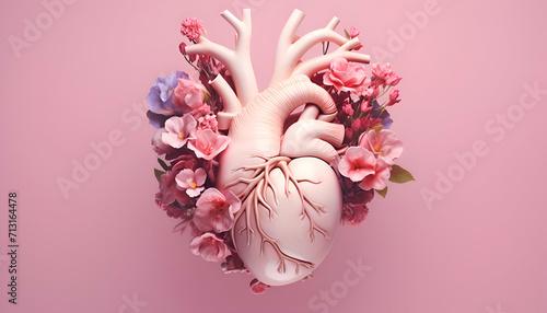Top view of human heart with flowers on pink background with copy space photo
