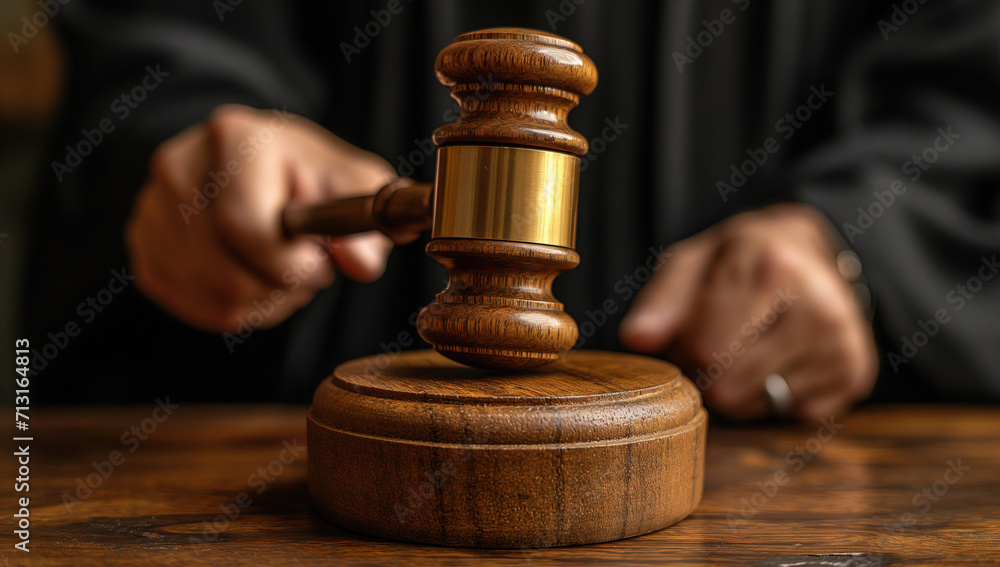 The Judge Holding a Court Gavel in the Courtroom - obrazy, fototapety, plakaty 