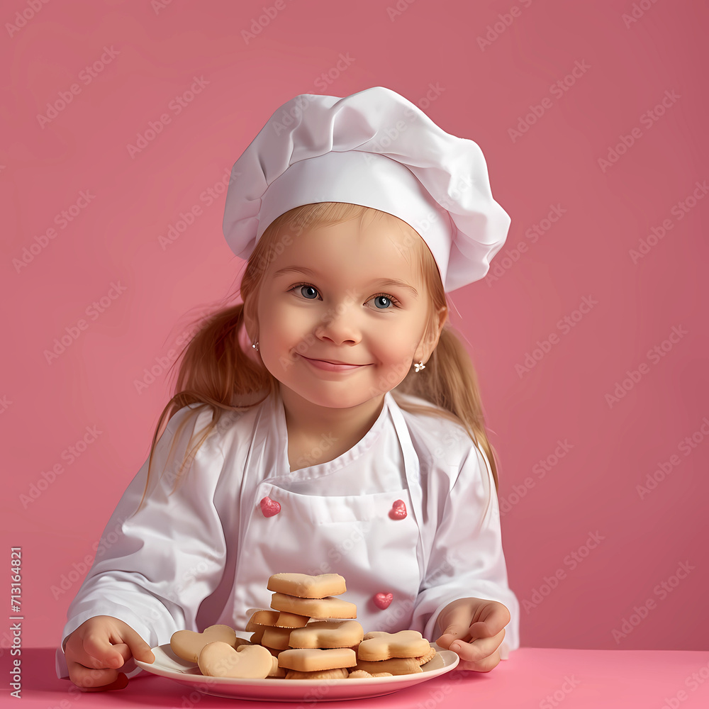 little girl cook with cookies, cute little girl with chef mantel holding heart cookies, on a soft pink background, mothers day , little chef little girl cook with cookies, cute little girl with chef mantel holding heart cookies, on a soft pink background, mothers day , little chef