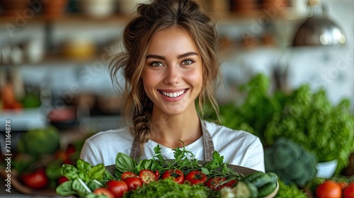 Radiant Woman with Colorful Vegetables in Bright Kitchen