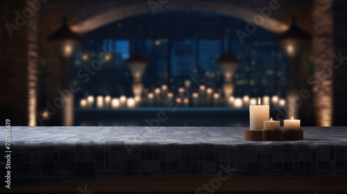 Wooden table spa bokeh background, empty wood desk product display mockup with relaxing wellness massage salon blurry abstract backdrop, body care cosmetic ads presentation. Mock up, copy space. photo