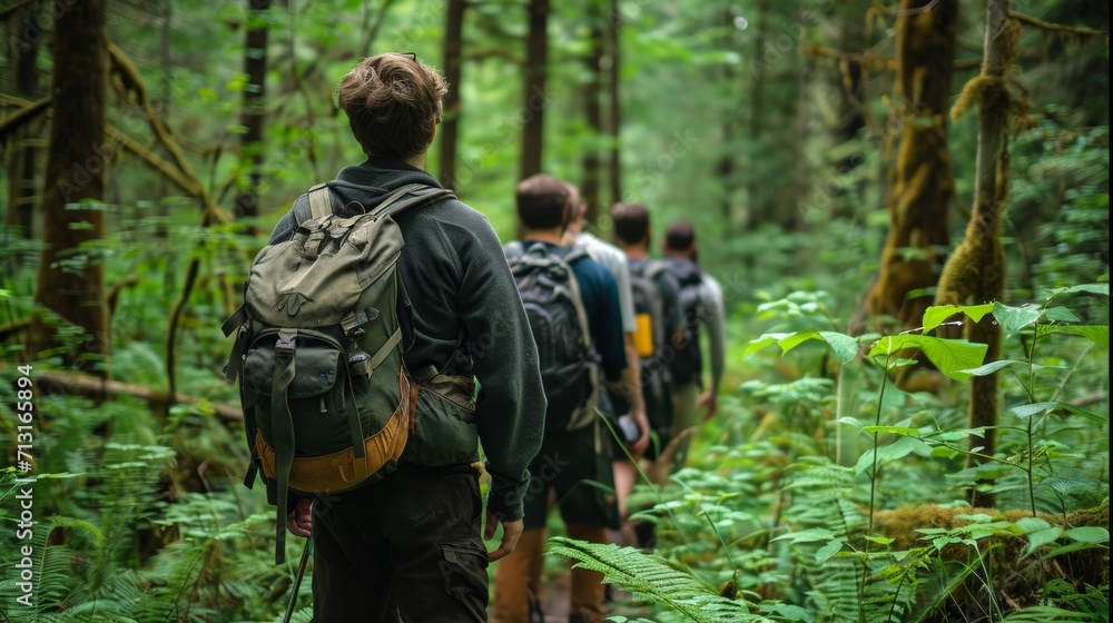 a man with friends, group of friends hiking in a lush forest