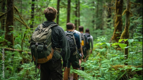 a man with friends, group of friends hiking in a lush forest
