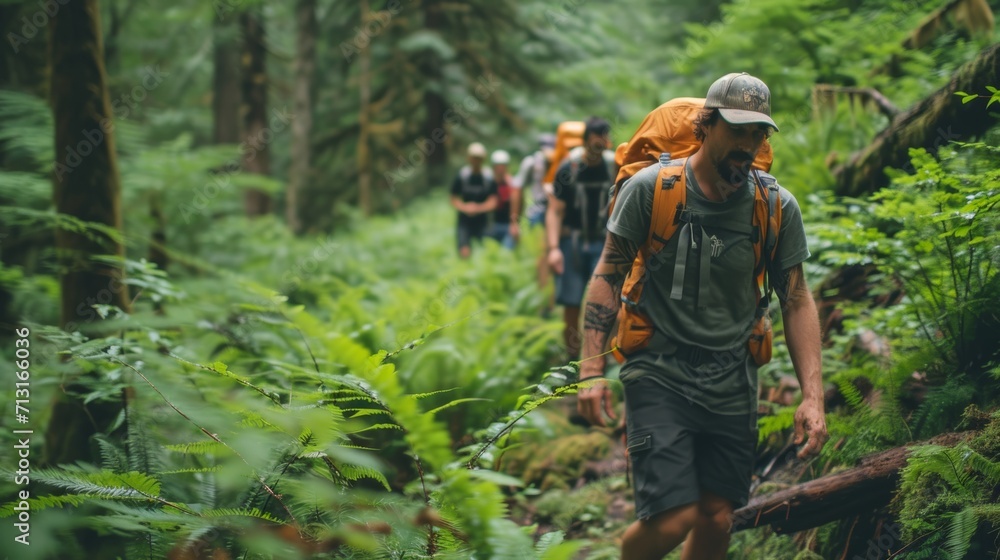 a man with friends, magazine photography, group of friends hiking in a lush forest a man with friends, magazine photography, group of friends hiking in a lush forest