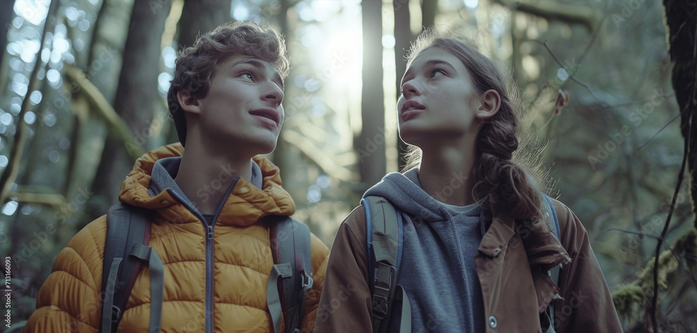 a man with friends, group of friends hiking in a lush forest