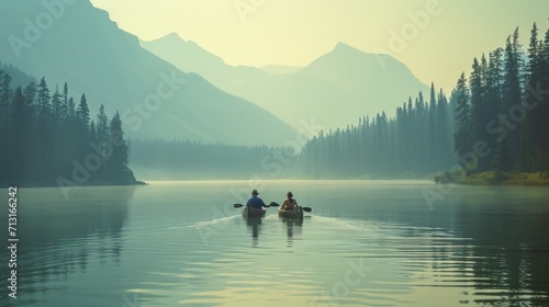 Fotografia woman and man, couple kayaking on a serene lake