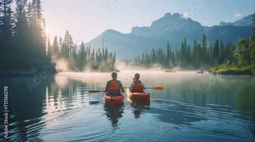 woman and man, couple kayaking on a serene lake photo