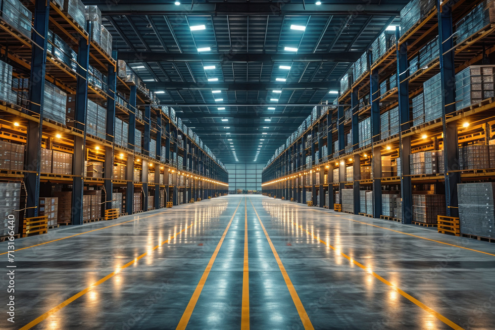 Modern warehouse interior with shelves and boxes Modern warehouse interior with shelves and boxes