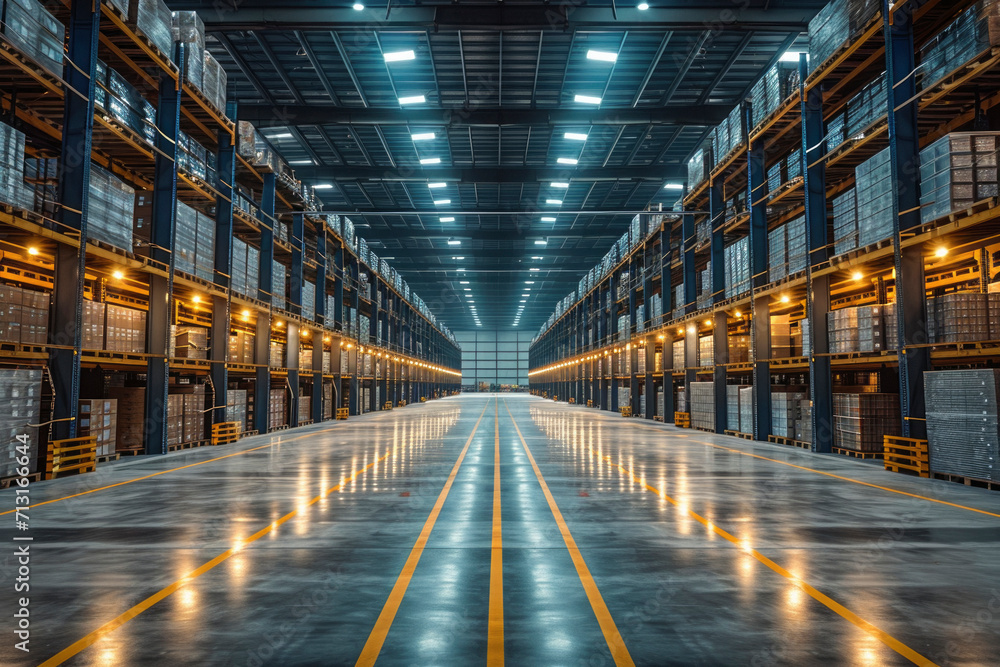 Fototapeta premium Modern warehouse interior with shelves and boxes