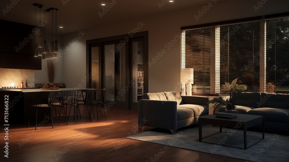 Luxury modern dining room interior. Moody evening lighting. Luxury modern dining room interior. Moody evening lighting.