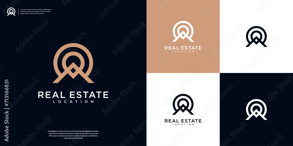 Minimalist home and pin location with line art style logo design inspiration Minimalist home and pin location with line art style logo design inspiration