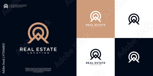 Minimalist home and pin location with line art style logo design inspiration