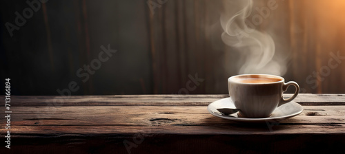 hot coffee on a rustic wooden table