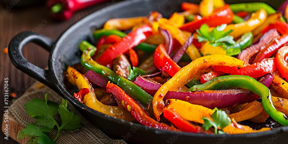 Fajitas with multi-colored bell peppers in a frying pan