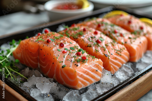 Fresh raw salmon fish fillet on ice on black background top view. Healthy food full of omega 3 vitamins.