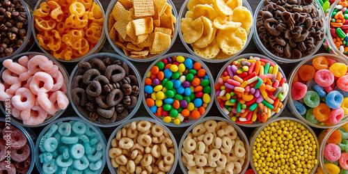 various snacks and sweets on a sweet table with desserts, gummy worms and cereals photo