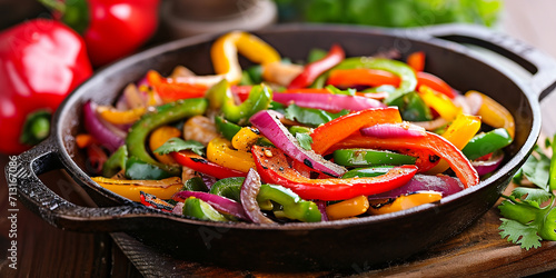 Fajitas with multi-colored bell peppers in a frying pan