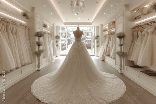 white beautiful modern minimalistic weddingdress gown on a mannequin in a in a bridal shop.